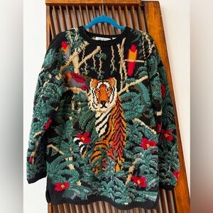 Vintage Hand Knit Northern Isles Signature Jungle Sweater Tiger Big Cat XL